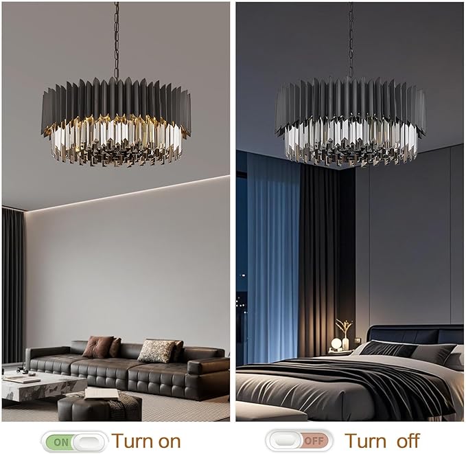 8-Light Large Crystal Chandeliers 24" Dining Room Light Fixture 5 Tiers Flush Mount Smoke Gray and Black Crystal Chandelier Round Pendant Light for Kitchen Living Room Entryway Foyer