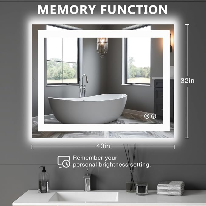 DUMOS 32.1"x40.1" LED Bathroom Mirror, Bathroom Vanity Mirror | Smart Anti-Fog, Front Light and Backlit, 3 Color Temperatures, Dimmable, Memory Function