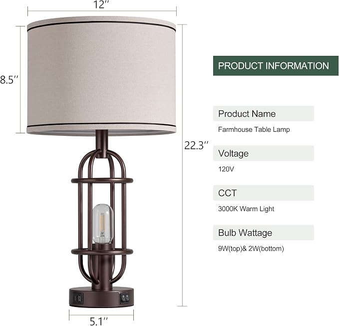 Reaketon Living Room Lamps Set of 2, 22.3" Farmhouse Table Lamp for Bedroom, Vintage Lamps for Night Stands with USB Ports, Oil Rubbed Bronze