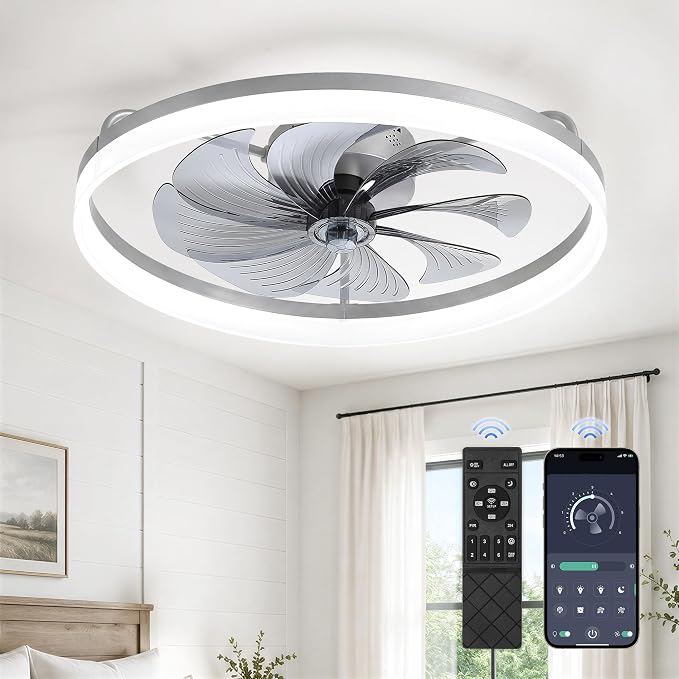 LEDIARY 23" Low Profile Ceiling Fans with Lights, APP & Remote, Grey | Flush Mount, Dimmable LED, Quiet DC Motor, Reversible, 6 Speeds, Fandelier, for Bedroom