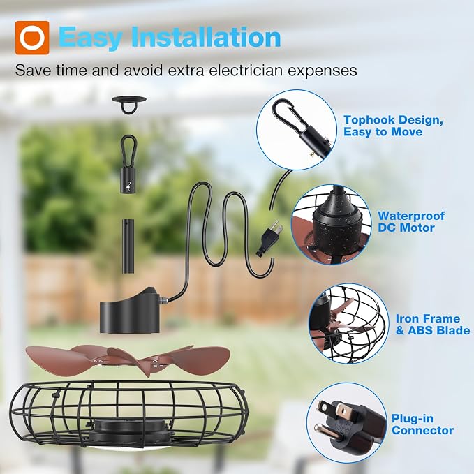 addlon 20" Outdoor Ceiling Fan with Light for Patio, IP65 Plug in Caged Fan | Waterproof, Hanging Hook, Reversible DC Motor, 6 Speeds, Remote Control, Quiet Operation, Timer, for Gazebo, Patio, Porch