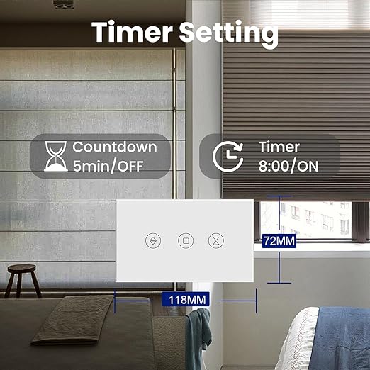 Smart Roller Shutter Switch Single Gang 2.4GHz Wi-Fi Touch Switch, Neutral Wire Required,Work with Smart Life/Tuya App and Alexa,Tempered Glass Panel,White