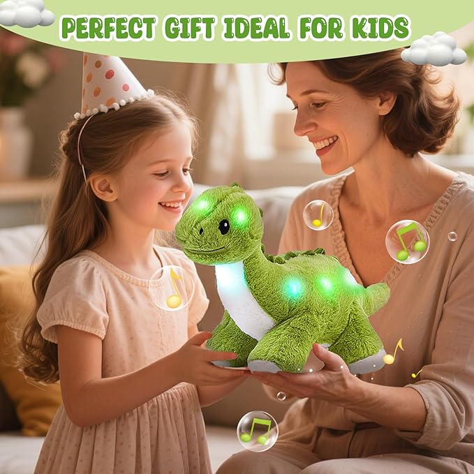 Glow Guards 16'' Light up Dinosaur Stuffed Animal,LED Soft Dinosaur Plush Toy with Magic Night Lights&Lullaby,Birthday Children's Day for Toddler Kids (Green, Music)