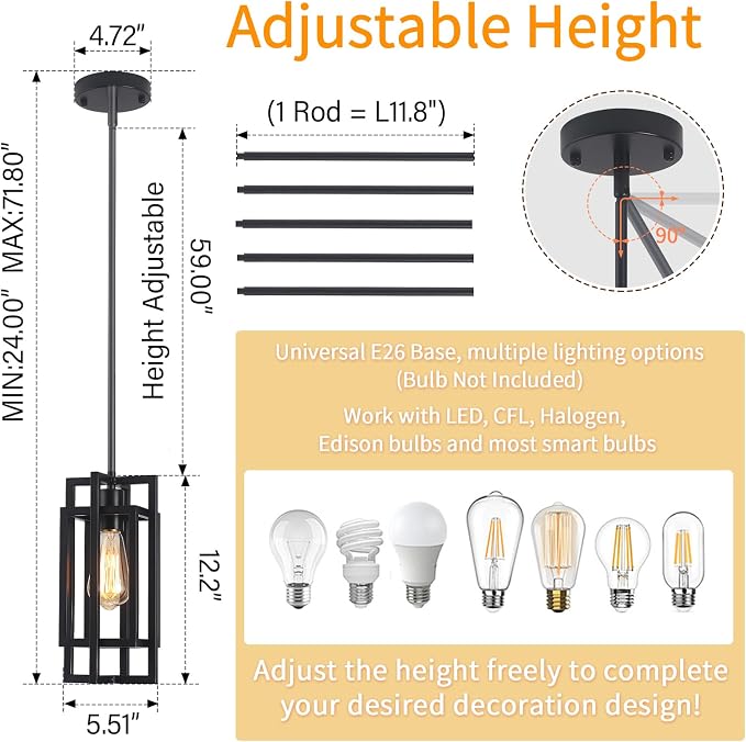 Farmhouse Pendant Light Fixtures 2 Pack 1 Light, Cage Black Finish Modern Pendant Lights with Max 59'' Adjustable, Small Square Pendant Ceiling Hanging Light for Kitchen Island Dining Room Entryway
