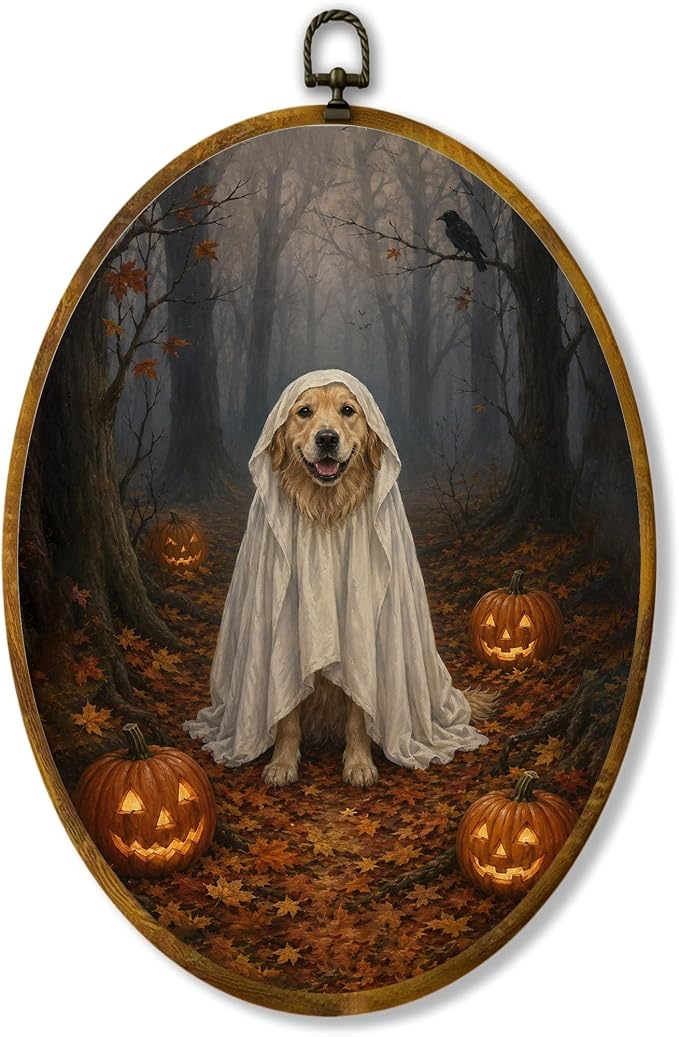Golden Retriever Ghost Oval Wall Art, Framed Canvas Decor, 8.5x11.5 Inch | Golden retriever in ghost costume, pumpkins, misty forest and crow Halloween decor