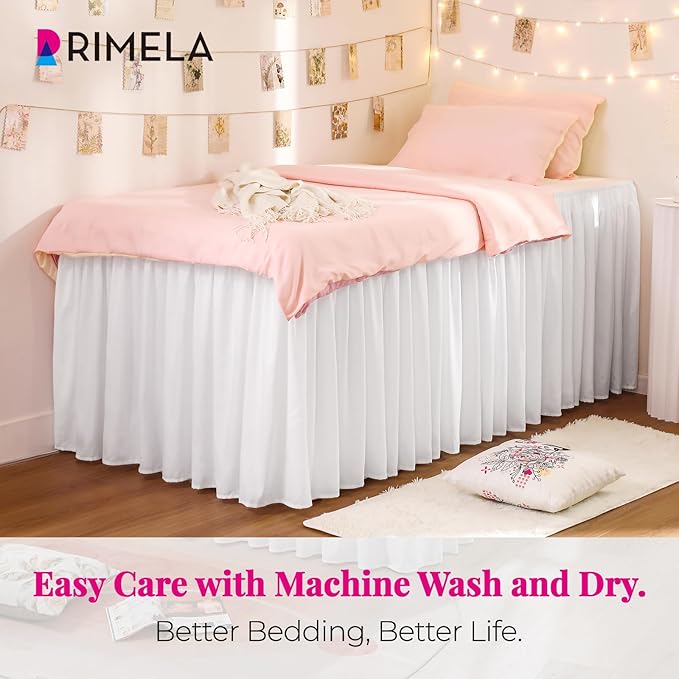 RIMELA Dorm Bed Skirt Twin XL 32 Inch Drop, Easy to Install Extra Long Wrap Around Elastic Dust Ruffle, White Bedskirt Solid Silky Fabric Machine Washable, Bedroom Decor