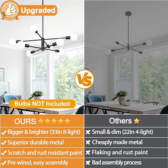 Sputnik Chandeliers Dining Room Light Fixture (8-Light, 30-Inch), Modern Black Chandelier, Height Adjustable Mid Century Modern Chandeliers for Dining Room Kitchen Island (Bulbs Not Included)