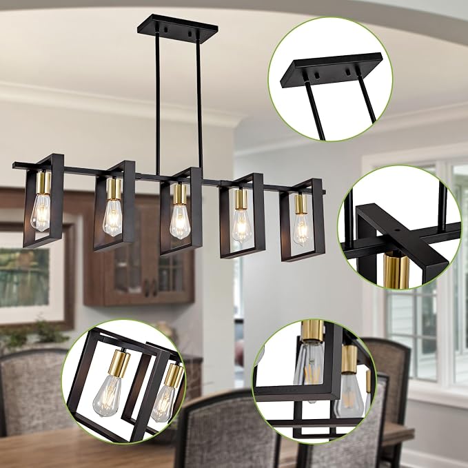 Farmhouse Kitchen Island Lighting Black Dining Room Lights Ceiling Hanging Rustic 5 Lights Wood Chandelier Light fixtures 41.3" Height Adjustable