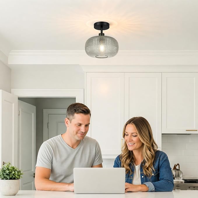 ROTTOGOON Semi Flush Mount Ceiling Light, Adjustable Hanging Sloped Ceiling Lights with Smoky Gray Glass Shade Modern Hallway Light Fixtures for Kitchen Bathroom Entryway Bedroom (Bulb Not Included)