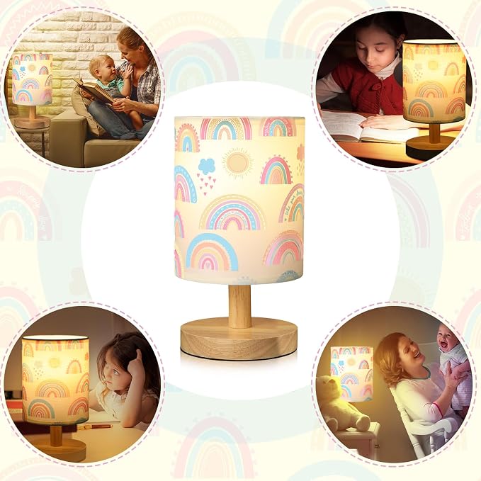 Rainbow Kids Table Lamp for Bedroom Kids Bedside Lamp with Linen Wooden Nightstand Cartoon Nursery Lampshade for Girls Boys Living Room