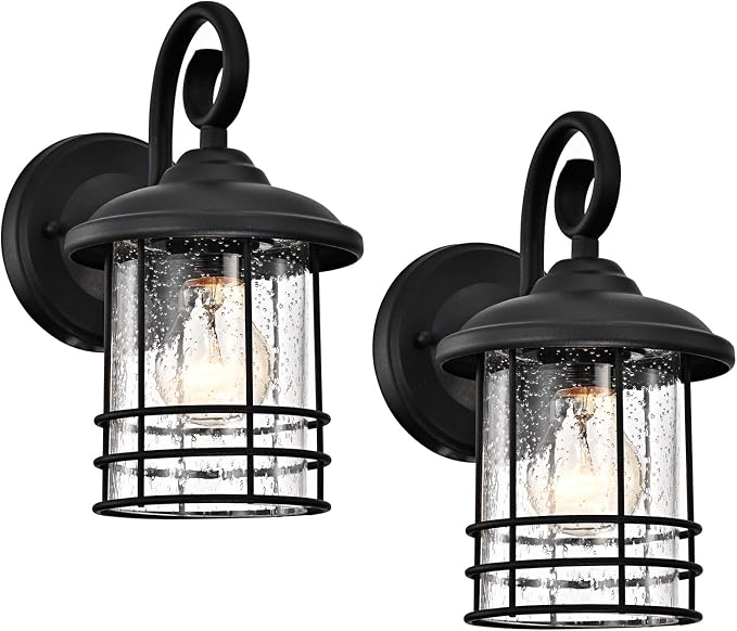 MICSIU 5.5" Wide Compact Narrow Farmhouse Matte Black Porch Light 2 Pack | Max 23W 9.8" Outdoor Light Fixture with Seedy Glass, Anti-Rust Round Exterior Lantern for Garage Pillar & Side Door, Patio