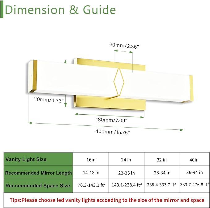 16 Inch Bathroom Vanity Light 2000LM, AC 120V 5CCT Modern Bathroom Lighting Fixtures Over Mirror Dimmable, 20W Gold LED Vanity Lighting Fixtures Wall Sconce ETL Certified, 1Pack