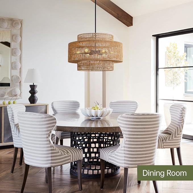 24" Boho Large Rattan Chandelier Light Fixture, 6-Light Large Black Pendant Light Fixture Farmhouse Rustic Chandeliers for Kitchen Bedroom, Dining Room, Living Room, Hallway, Foyer
