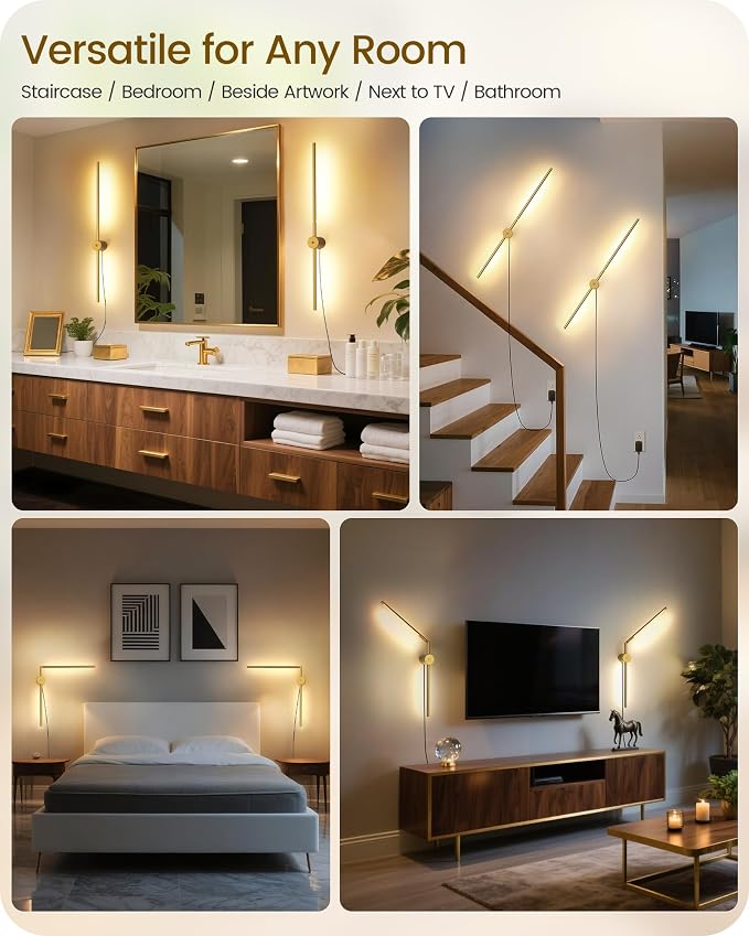 33" Wall Sconces Set of 2 with Remote Control, Dimming & 3 Color Temperatures, Plug-in Gold Wall Lights for Bedroom, Living Room, Adjustable Brightness & Rotatable Lamp Post, D09YBP205