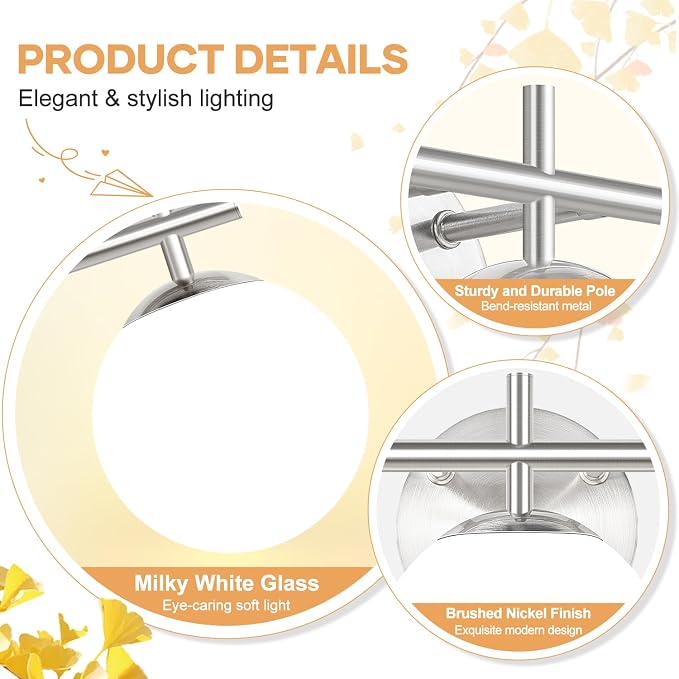 3-Light Bathroom Light Fixtures with Milky White Glass, Brushed Nickel | 19.3 inch Vanity Lights for Bathroom, Bathroom Lighting Fixtures Over Mirror, Wall Sconce, Fits E12 bulbs(Bulb Not Included)