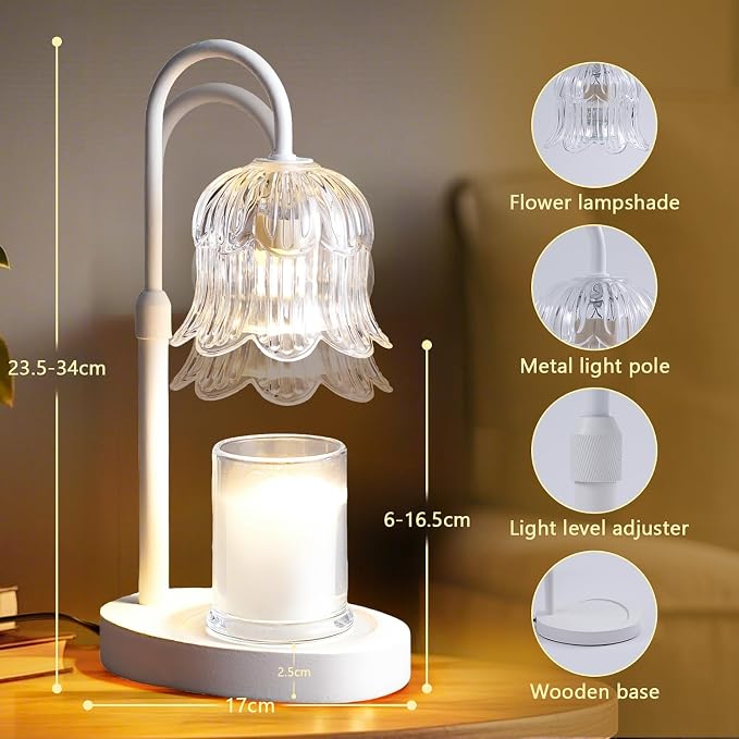 CRMILL Candle Warmer Lamp Electric Timer - Flower Candle Lamps Height Adjustable Home Bedroom Decor House White