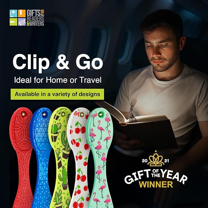 Gifts for Readers & Writers Book Light, Clip On Reading Light for Bed, 2in1 Flexilight & Bookmark, Small & Lightweight with a Soft Glow, 2 Batteries Included, Leopard