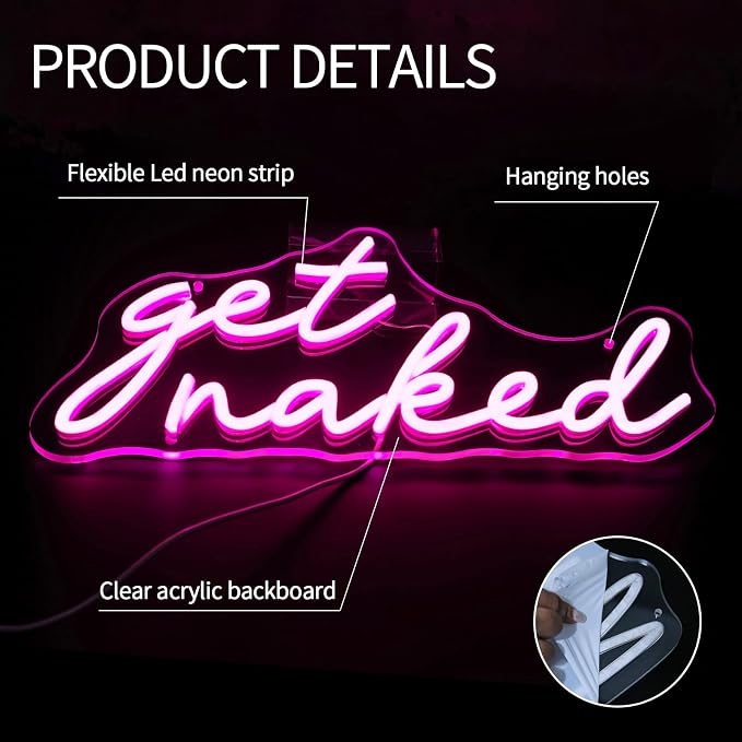 Get Naked Neon Sign for Wall Decor Dimmable Led Lights Signs Pink Led Signs for Bedroom decor Letters Neon Light Room Decor for Bar Party Pub Salon Decoration Girls Gift