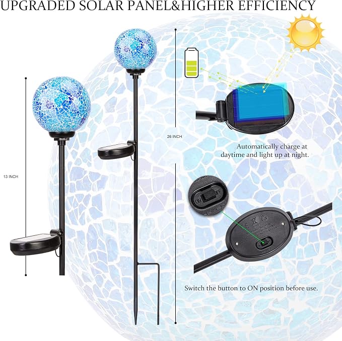 VCUTEKA Decorative Solar Garden Lights, 3.5" Mosaic Globe Outdoor Stake | Mosaic Glass Globe Design, Solar LED Light, Waterproof Design, Auto On/Off and Metal Stake Design for Lawn and Patio