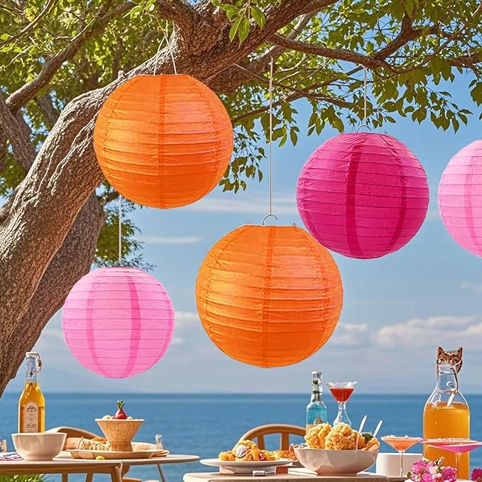 Hot Pink-Orange and Pink Paper Lanterns 12Pcs Hanging Lanterns for Birthday Party, Wedding, Home Decor, Baby Shower Festive Decoration