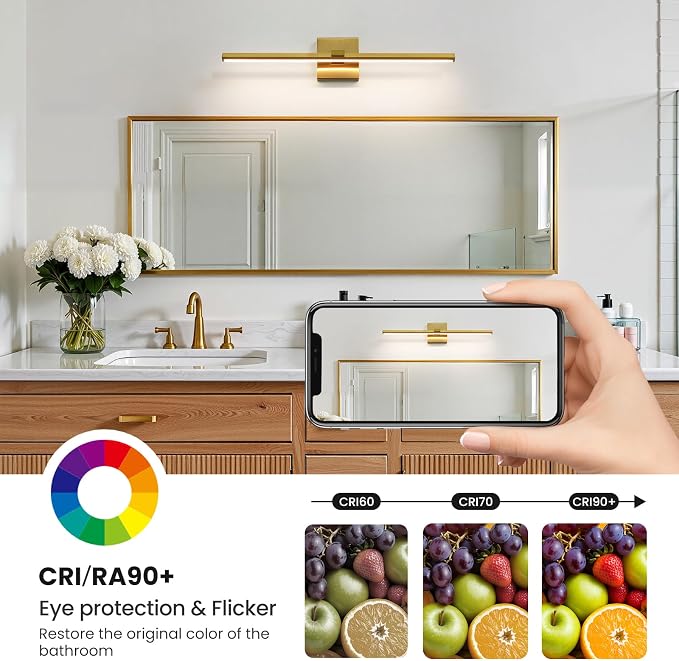 Gold LED Bathroom Vanity Light 24 Inch 18W Dimmable 5CCT Bathroom Lighting Fixtures Over Mirror Modern Brushed Gold Vanity Lights Bar for Bathroom Mirror Cabinets Bedroom