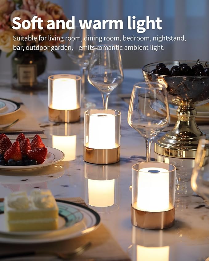 4" Gold Cordless Table Lamp 2 Pack, Outdoor Rechargeable Lamp | LED, Battery Operated, Portable, Touch Night Light for Dining Room, Camping, Bar, Party, Bedside, Bedroom, Home Decor, Gift