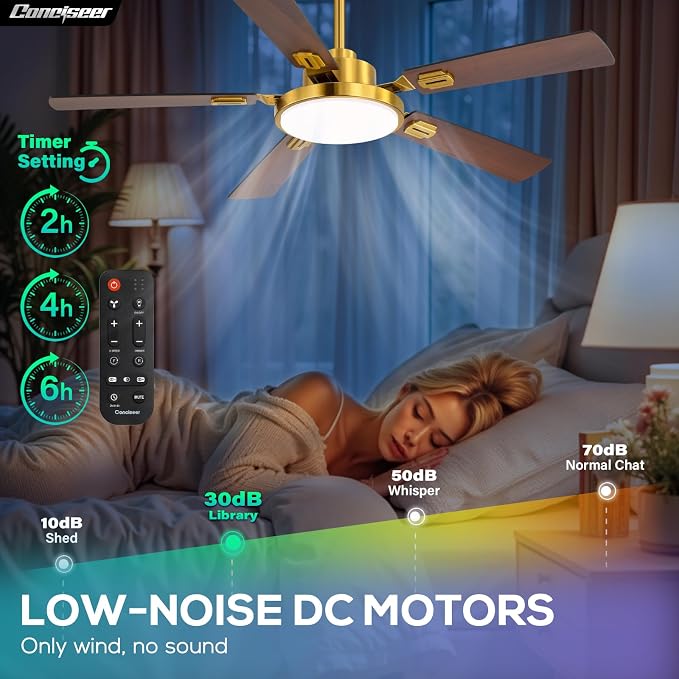 Conciseer 52 Inch Ceiling Fans with Lights and Remote for Bedroom Living Room Kitchen Office, Indoor/Outdoor Use, 6CCT Dimmable, 5 Blades, 6 Speed Reversible Quiet DC Motor, Gold/Wood Grain