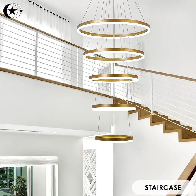 5-Rings Modern LED Chandelier Gold Dimmable High Ceiling Chandelier for Dining Room with Remote Control for Foyer Living Room Entryway Staircase(D23.6’’, 3000K-6500K)