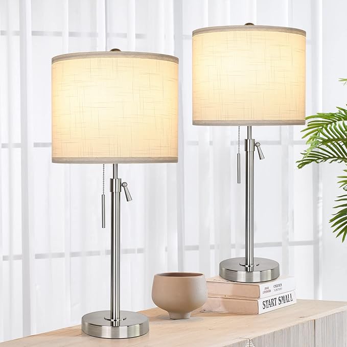 Table Lamps for Bedrooms Set of 2, 22" to 30" Height Adjustable Nightstand Lamps with Linen Shade, Pull Chain Switch Lamps for Living Room, 3 Way Dimmable Bedside Lamp