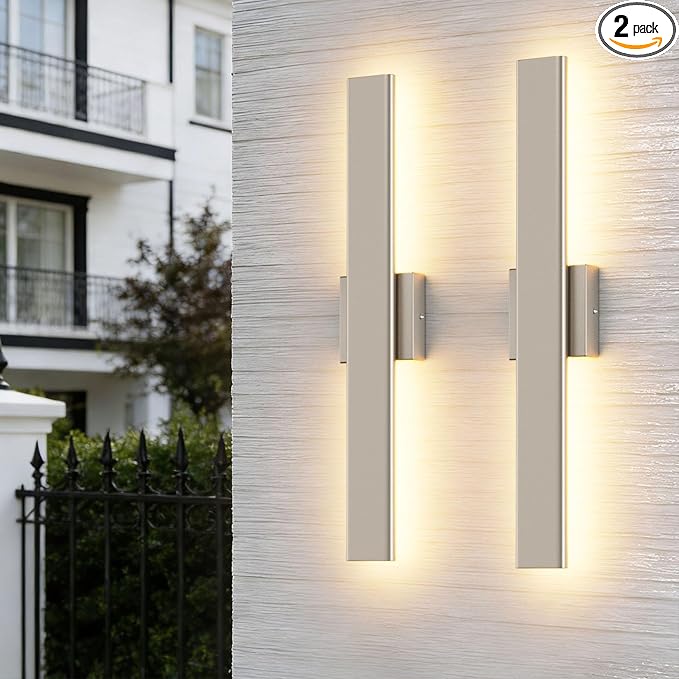 Aipsun 2 Packs Nickel Outdoor Wall Light 23.6inch Modern LED Exterior Wall Sconce, Long LED Linear Exterior Lights 3000K 4000K 6000K for Entrance, Hallway, Garage, Porch(3CCT)