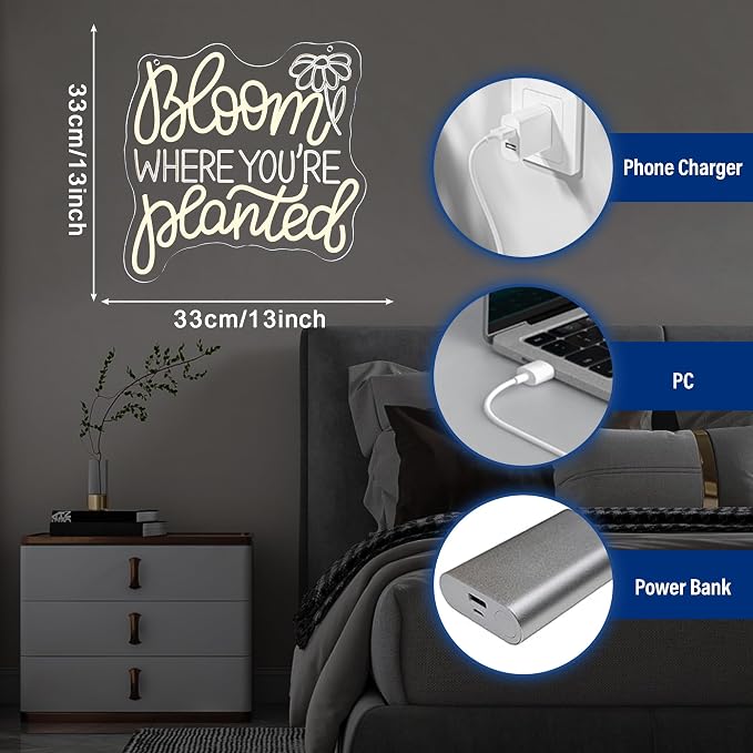 Bloom Where You’Re Planted Neon Sign, Inspirational Neon Light USB Powered LED Flower Sign Dimmable, for Office Motivational Graduation Gift Bedroom Room Living Room Library(12.9 * 12.9 In)