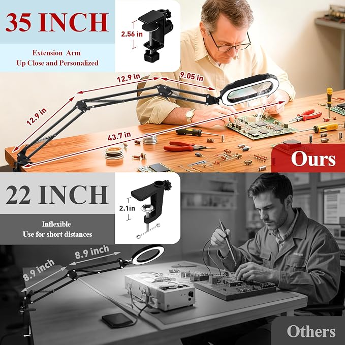 12X Square Magnifying Glass with Light and Clamp, Solder Helping Hand | Workbench Lighted Magnifier, 3-Section Swing Arm, 5 Colors Stepless Dimmable LED Desk Lamp with Stand for Hobby Repair Craft