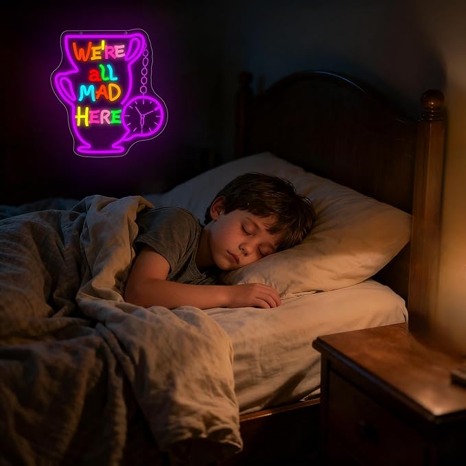 We All Mad Neon Sign for Wall Decor Fairy Tale LED Light for Man Cave | Dimmable fairy tale neon light, bedroom, living room tea party gothic decor, birthday gifts for fans, size 14.3*13.0 in