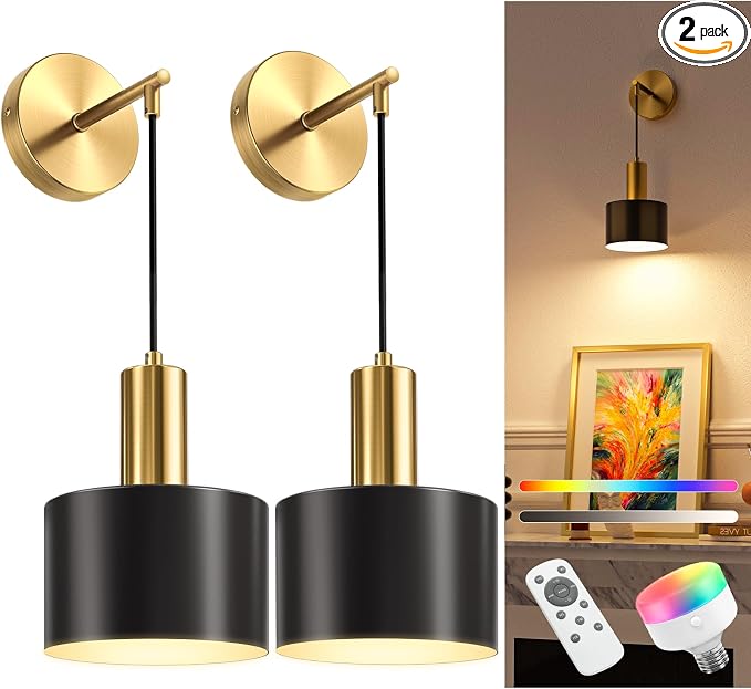 Battery Operated Wall Sconce Set of 2, Gold & Black Wireless Rechargeable Wall Lights with 5200mAh Dimmable Detachable Bulbs and Remote, 9 Colors Sconces Wall Decor for Bedroom Living Room
