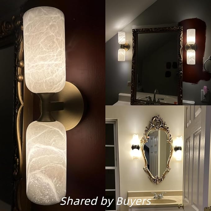 Alabaster Wall Sconces, 14" Modern Spanish Natural Marble Vanity Light, Dimmable Hardwired Brass Gold Wall Sconce Lighting for Bathroom Mirror, Bedroom, Living Room, Luxury Stone Wall Fixtures (1 Pcs)