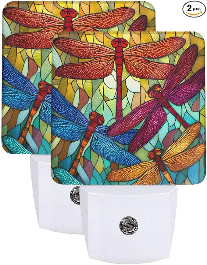 Colorful Dragonfly Night Light Set of 2, Summer Auto Sensor LED Dusk-to-Dawn Nightlights, Plug-in Sensor Lamp for Bedroom Bathroom Kitchen Hallway Stairs Decorative