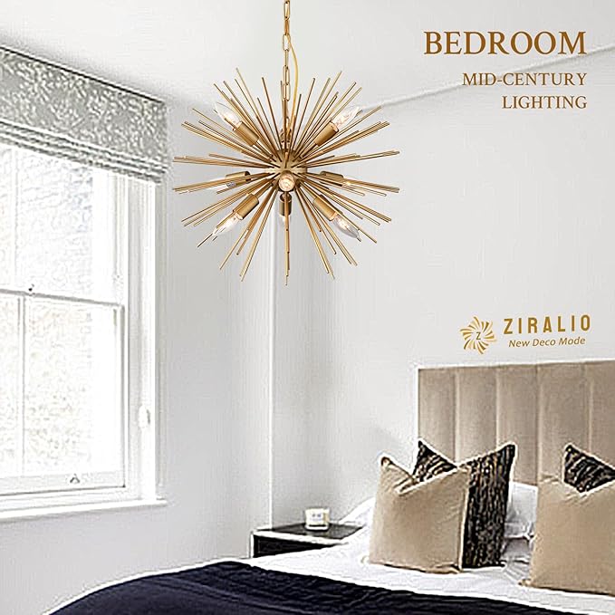 Modern 20in Gold Sputnik Chandelier 9-Lights Mid-Century Starburst Chandelier Solid Metal Firework Satellite Urchin Light Fixture Over Table for Foyer Dining Room Kitchen Bedroom Living Room