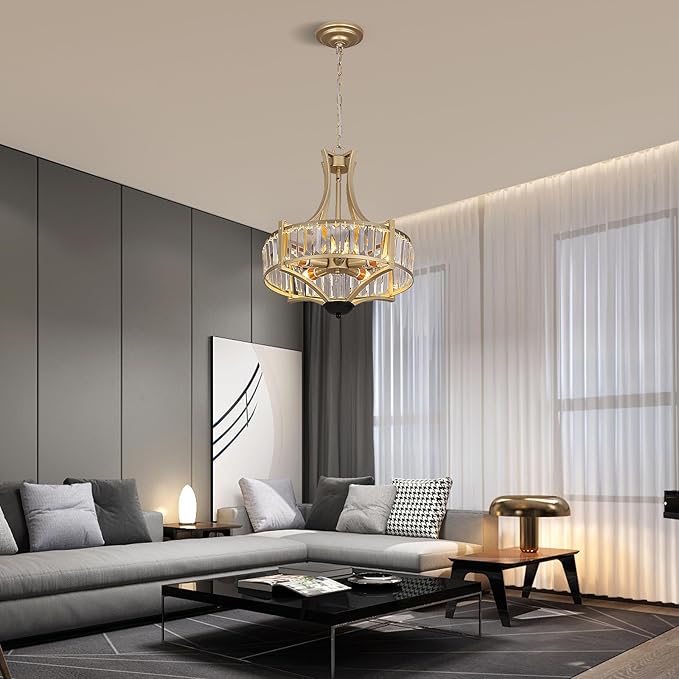 5-Light Crystal Chandelier Ceiling Light Fixture with Adjustable Height, Gold Drum Pendant Light for Dining Room Light Fixture, Kitchen Island, Bedroom, Living Room, Elegant Modern Lighting