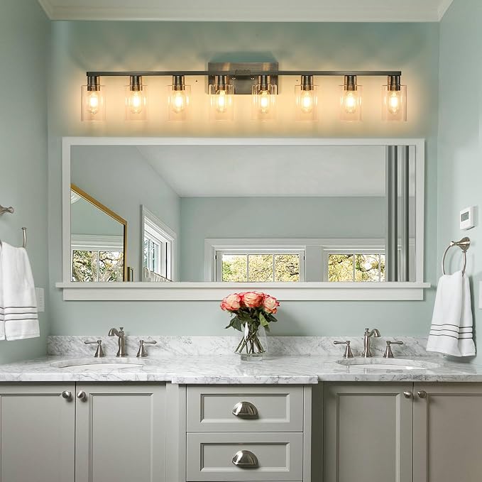 8 Light Bathroom Vanity Light Brushed Nickel Bathroom Light Fixtures 8-Light Vanity Lights for Bathrrom Lights Fixtures Over Mirror Large Wall Sconce with Clear Glass Shade