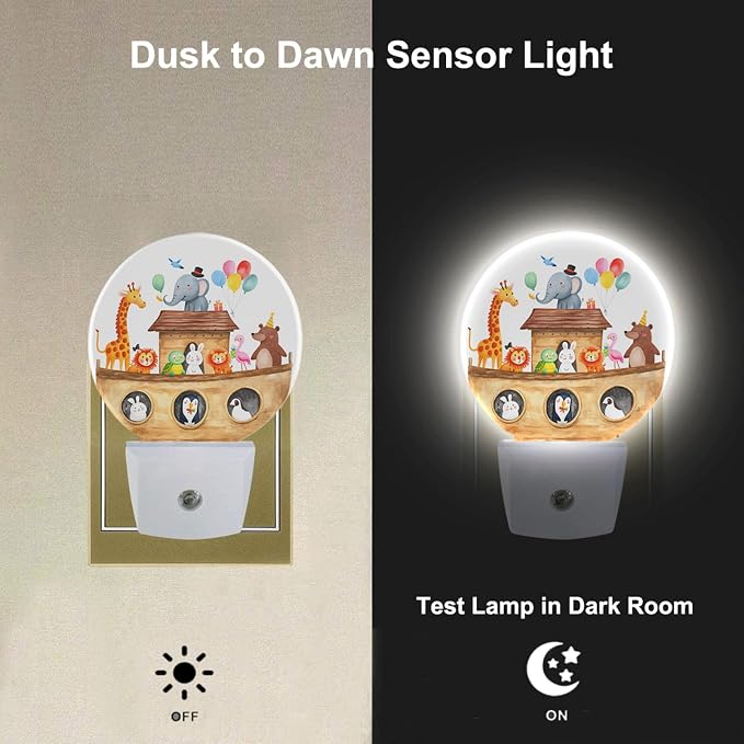 Cute Noah's Ark Night Light Ship with Animals Giraffe Rabbit Elephant Bear Birds Nightlight LED Round Lamp for Boys Girls