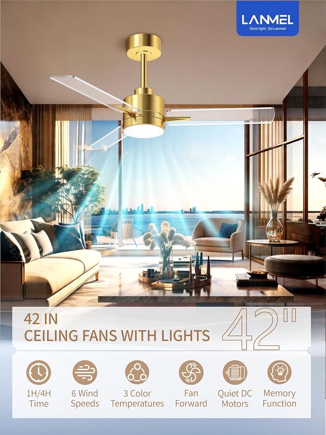 LANMEL Metal Ceiling Fan with Lights and Remote, 42 Inch, Gold & Transp | Modern Low Profile Flush Mount, Reversible, 3CCT Dimmable, Quiet, LED, For Bedroom, Living Room, Indoor/Outdoor Patio Use