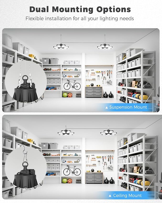 2 Pack Motion Sensor Garage Light Plug in, 6500K Bay Lighting | 25000LM Bright Motion Activated Shop Light, for Garage, Workshop, Utility Room, Basement