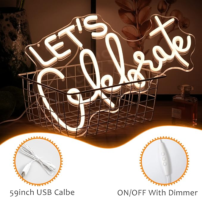 Let's Celebrate Neon Sign Dimmable Warm White Neon Light Let's Celebrate Neon Signs for Wall Decor Powered by USB Words LED Lights for Bedroom Party Thanksgiving(16.5"x11.8")