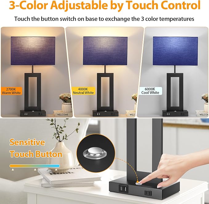 3 Color Temperatures Table Lamps for Bedrooms Set of 2, 22’’ Touch Control Bedside Nightstand Lamps with 2 USB Ports & AC Outlet, Stepless Dimmable Lamps with Blue Shade, Modern Decor for Living Room