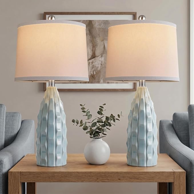 WIHTU 24" Ceramic Table Lamps Set of 2, Modern Nightstand Light, Blue | Linen Shade, 3 Color Temps, Farmhouse/Boho Style, Bedroom/Living Room/Office Decor, Ideal Gifts, 2 Bulbs Included, E26 Base