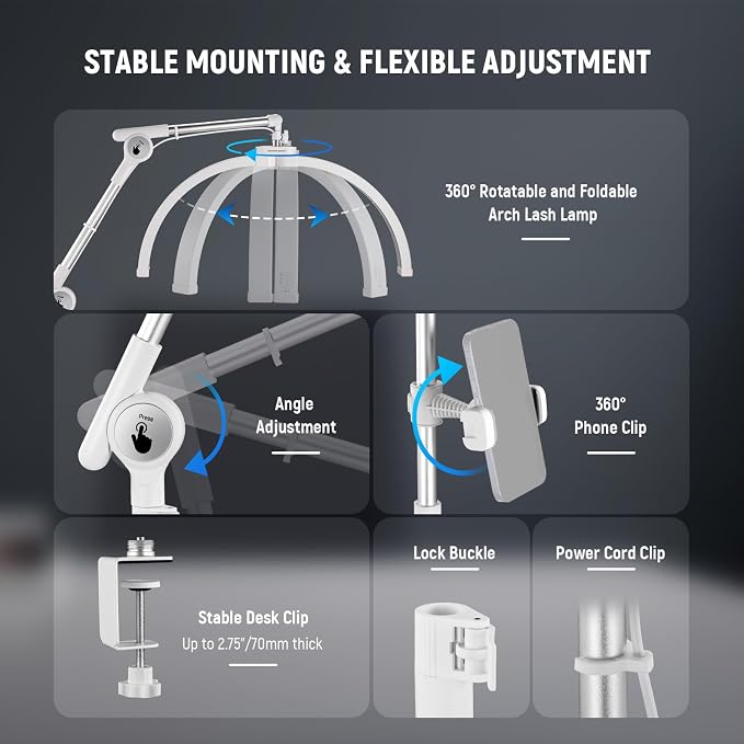 NEEWER Basics 22" Half Moon Lash Light with Articulating Desk Clamp Mount Stand/Phone Holder, 32W Foldable LED Nail Tech Table Arc Lamp for Makeup Beauty Tattoo Overhead Video Recording, HM03-D