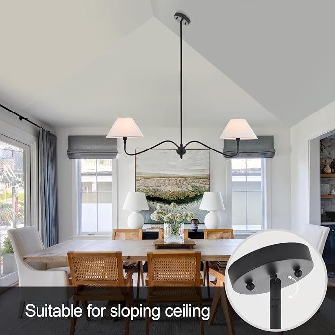 Modern Linear Chandelier for Kitchen Island, 2-Light Linear Light Fixture with Off-White Fabric Shade, Rustic Pendant Light for Dining Room