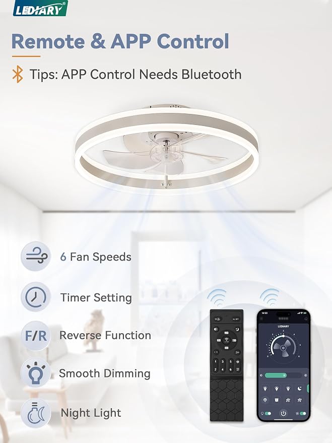 LEDIARY Low Profile Ceiling Fans with Lights, Flush Mount Modern Ceiling Fan and Remote Control, 19.7" LED Ceiling Fans, Stepless Dimmable 3 Colors and 6 Speeds - White