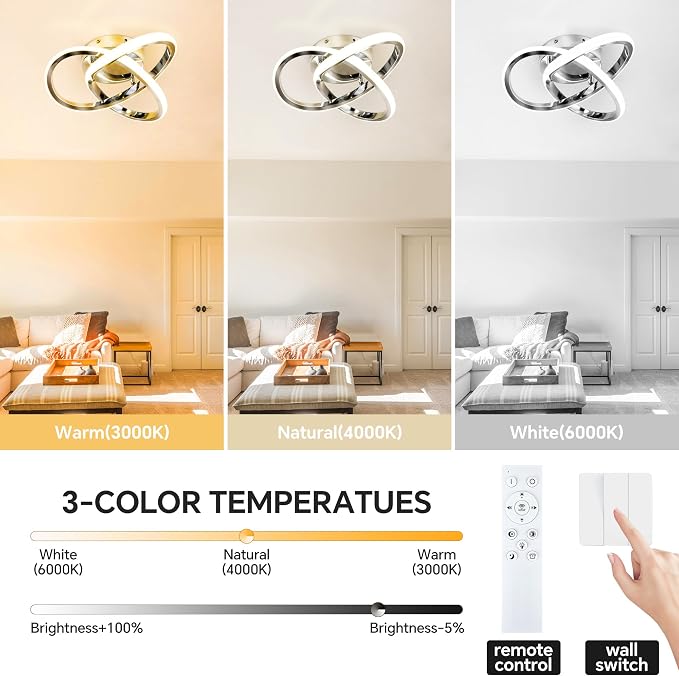 10 Inch Modern Ceiling Light, 24W LED Dimmable Ceiling Light with Remote Control, 3000-6000K Color Temperature Adjustable, Chrome Small Chandelier for Bedroom, Entryway, Hallway, Kitchen