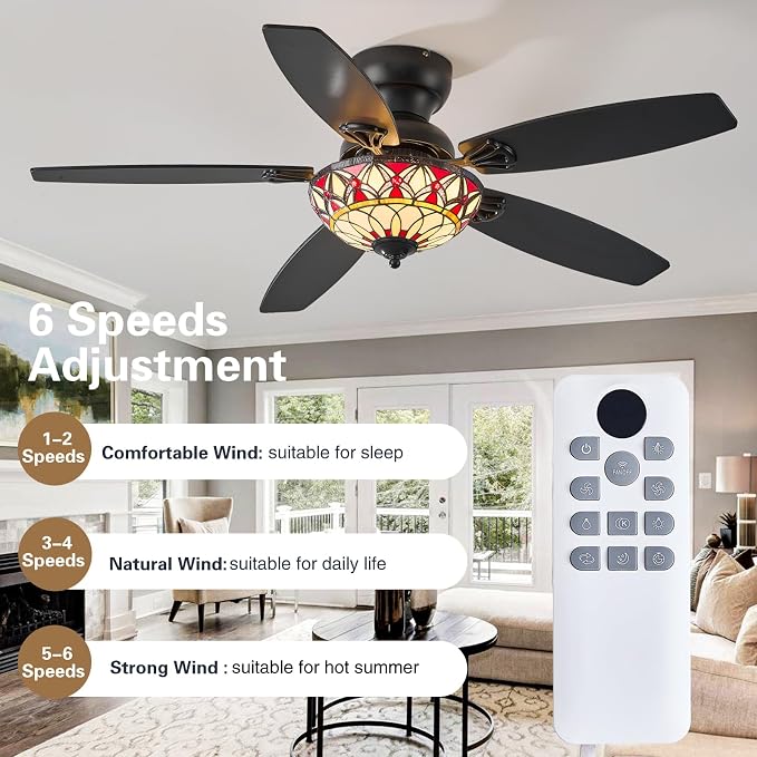 Tiffany Ceiling Fans with Lights-48"Ceiling Fan Chandelier and Glass Shade | 48" Ceiling Fan Chandelier with 5 Dual-Blades and Glass Shade, 6 Speeds and Reversible, Indoor and Outdoor, Retro Style